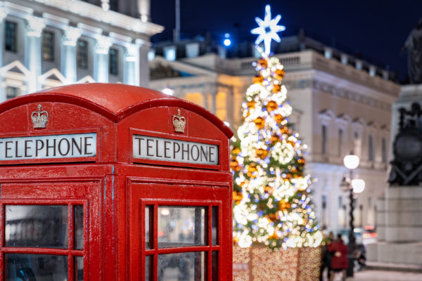 A bright red telephone box with a christmas tree lightig up in the background